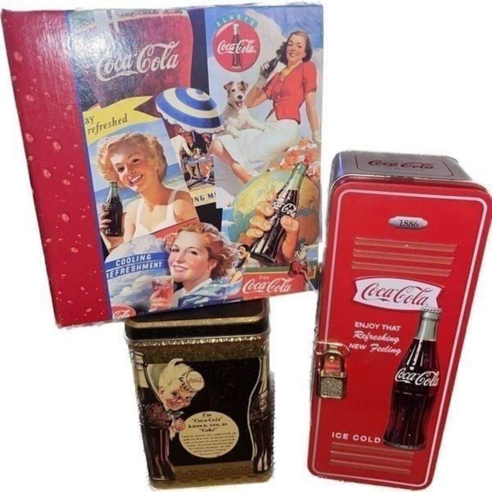 Coca Cola 4”x6” Photo Album of Beach Girls 1999 &‎ 2 1980s Collector Tins